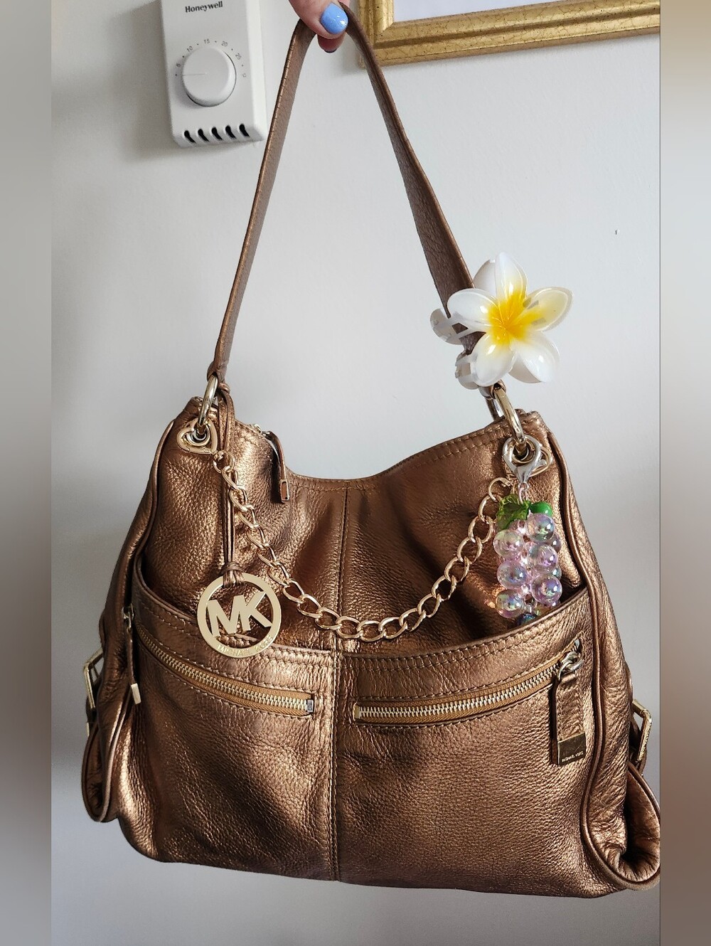 Michael Kors Bronze Metallic Shoulder Hobo Bag with Gold Hardware